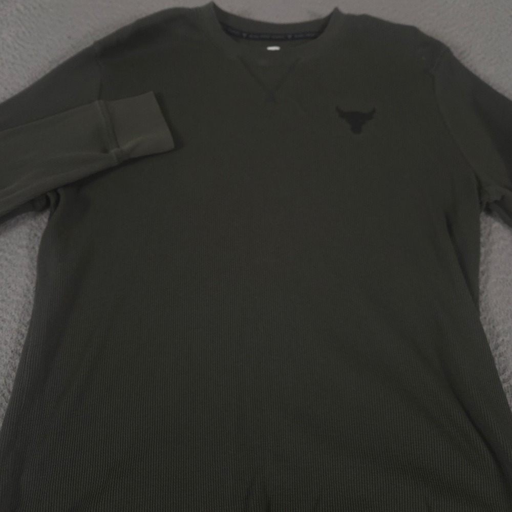 Under Armour Shirt Mens Medium Olive Project Rock Waffle Crew Long Sleeve Logo